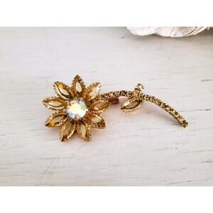 Vintage Large Yellow Rhinestone Sunflower Brooch Pendant